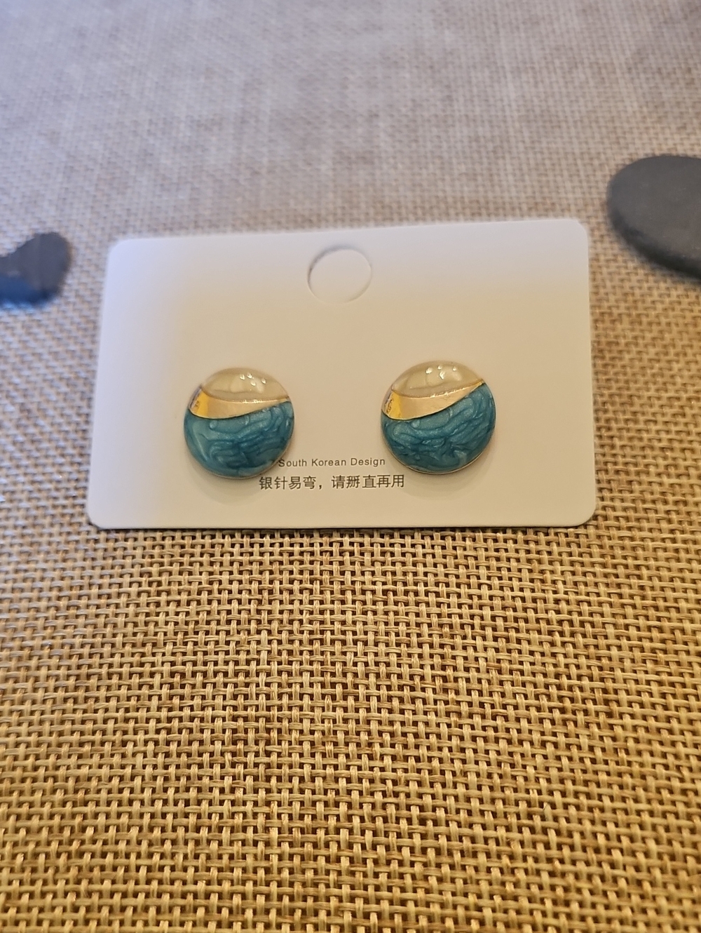 Oceanus Teal Blue Enamel & Gold Stud Earrings - Sterling Silver Backs - BNWB